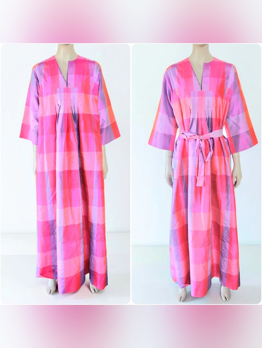 Vintage Jim Thompson Siamese Trader Thai Silk Belted Madras Kaftan Dress M 60s